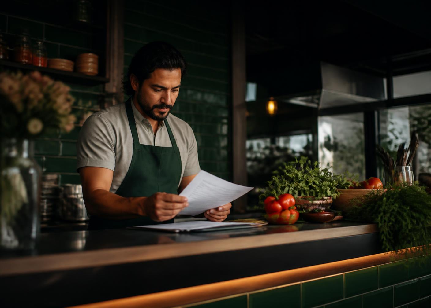 Dono de restaurante conferindo os custos dos ingredientes